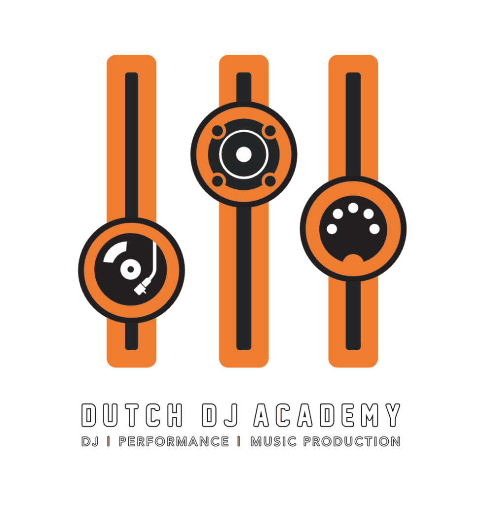 Logo van een DJ Academy in Utrecht, met platenspeler, speaker en midi
