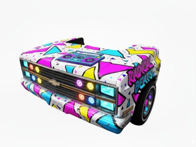 Foute DJ Booth Chevy Eighties Een voorkant van een Chevrolet omgebouwd tot dj meubel met foute jaren 80 prints